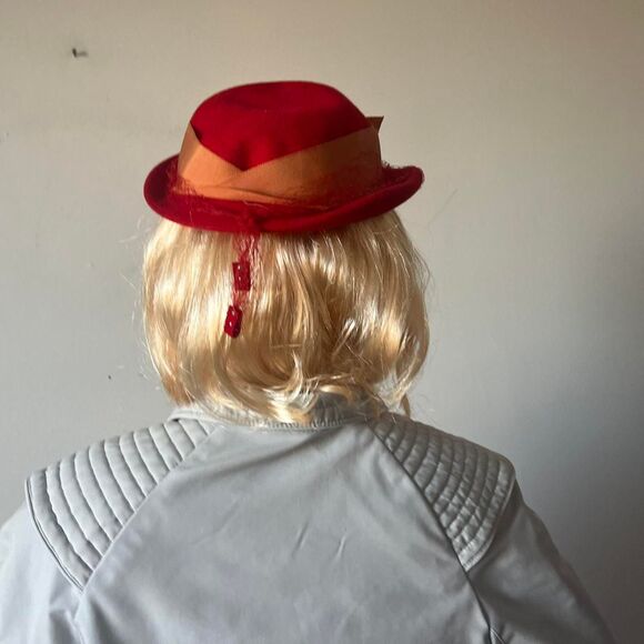 Vintage 60s Womens Red Wool Bowler Hat Orange Grosgrain Ribbon Netting Buttons